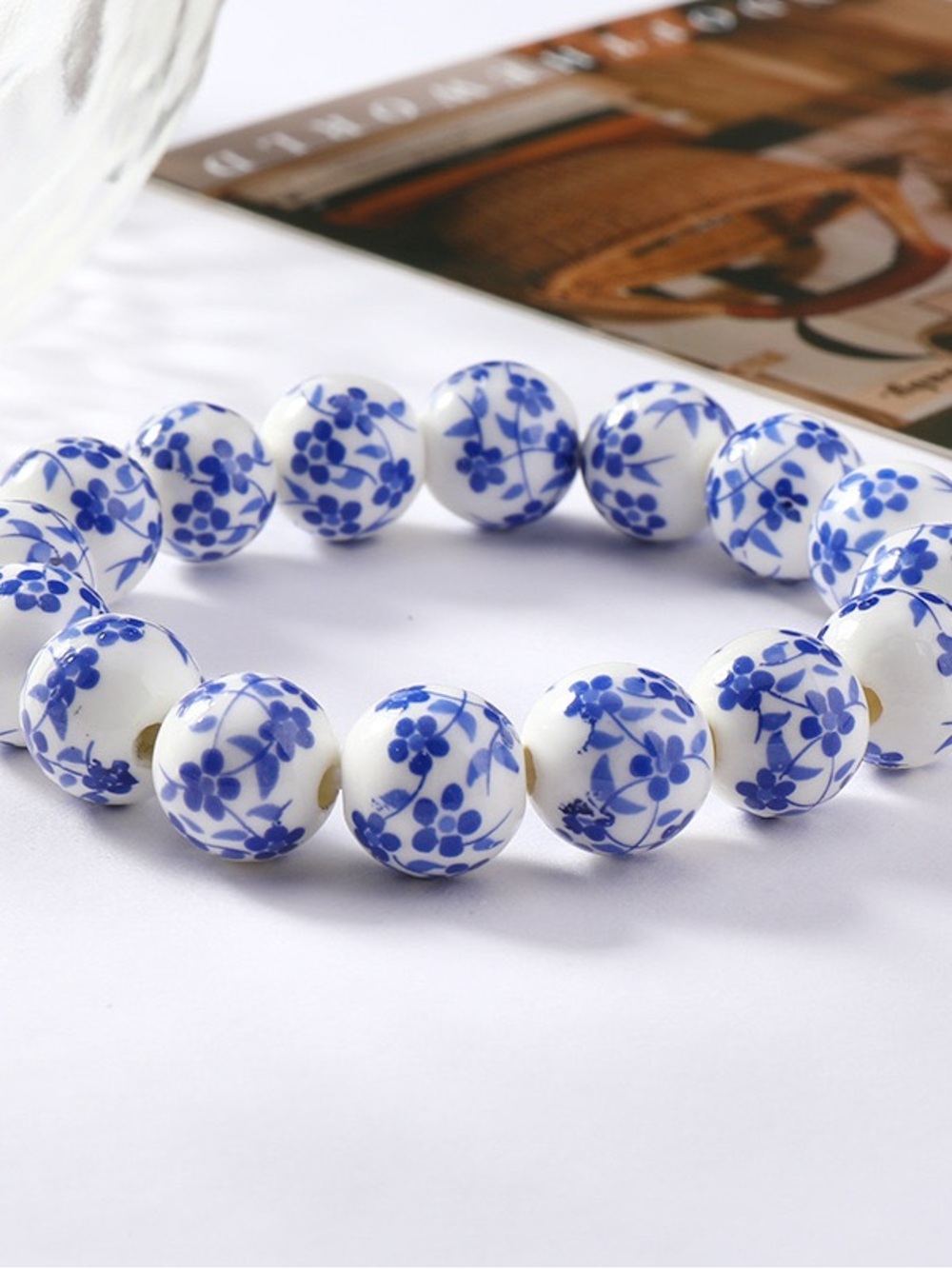 Porcelain Blue and White Floral Beaded Stretch Bracelet - Women Jewelry